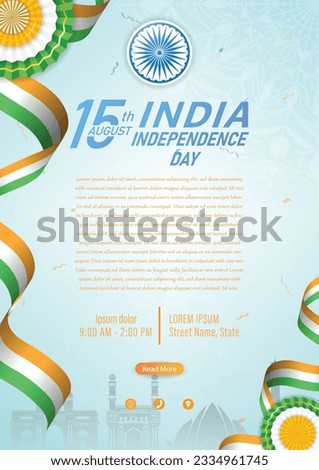 15 th August Indian Independence Day vector illustration background brochure template with Indian flag and silhouette of India monument.