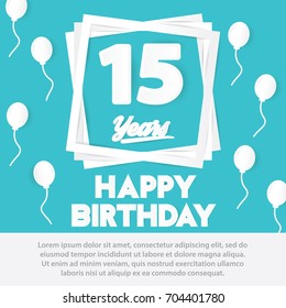 15 th birthday celebration greeting card paper art style design, birthday invitation poster background with balloon. fifteen anniversary celebrations blue color