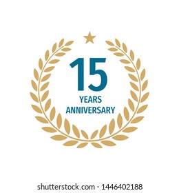 15 th years anniversary badge design with a laurel wreath. Fifteen years birthday logo emblem. 