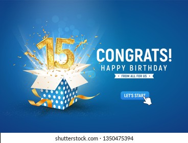 15 th years anniversary banner with open burst gift box. Template fifteenth birthday celebration and abstract text on blue background vector illustration