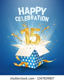 15 th years anniversary and open gift box with explosions confetti. Isolated design element. Template fifteenth birthday celebration on blue background vector Illustration