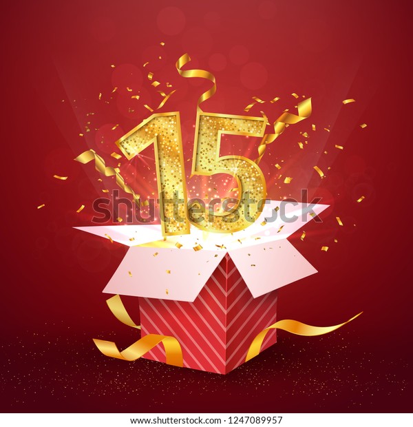 15 th years anniversary and open gift box\
with explosions confetti. Template fifteen birthday celebration on\
blue background vector\
Illustration
