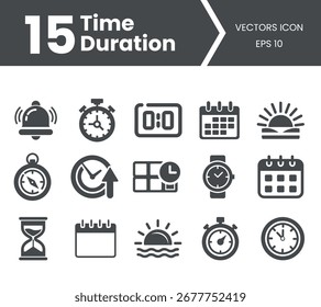 15 tiempo duración iconos conjunto cronómetro calendario brújula campana reloj de sol reloj de arena reloj iconos