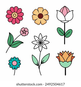 15 Types of Flowers : Lily, Rose, Hydrangea, Orchid, Lavender, Hyacinth, Daisy, Iris, Tulip, Cherry Blossom, Poppy, Lily of the Valley, Peony, Sunflower, Lotus Hand Drawing Line Art Isolated Vector