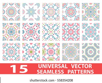 15 universal different vector seamless patterns (tiling). Endless texture can be used for wallpaper, pattern fills, web page background, surface textures. Set modern design ornament