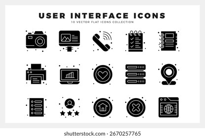 15 Paquete de iconos de glifos de interfaz de usuario. Ilustración vectorial.