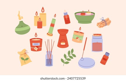15 vector elements for aromatherapy. Vector illustrationAromatherapy at home and in the salon. Care and care. Natural oils