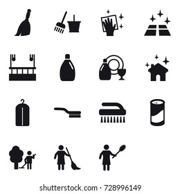 15 vector icon set : broom, bucket and broom, wiping, clean floor, skyscapers cleaning, cleanser, dish cleanser, house cleaning, dry wash, brush, cleanser powder, garden cleaning, brooming