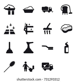 15 vector icon set : factory filter, washing, sweeper, vacuum cleaner, clean floor, skyscrapers cleaning, sponge with foam, plunger, brush, toilet cleanser, duster, toilet cleaning
