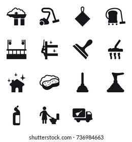 15 vector icon set : factory filter, vacuum cleaner, rag, skyscapers cleaning, skyscrapers cleaning, scraper, house cleaning, sponge with foam, plunger, toilet cleanser, toilet cleaning