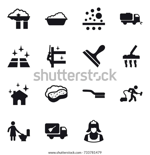 15 vector icon set : factory filter, washing,
sweeper, clean floor, skyscrapers cleaning, scraper, vacuum
cleaner, house cleaning, sponge with foam, brush, toilet cleaning,
home call cleaning