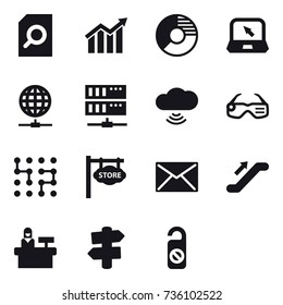15 vector icon set : search document, diagram, circle diagram, notebook, globe connect, server, cloud wireless, smart glasses, chip, store signboard, mail, escalator, reception, signpost
