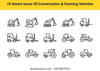 15 Vector icons Of Construction And Farming Vehicles