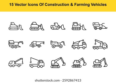 15 Vector icons Of Construction And Farming Vehicles