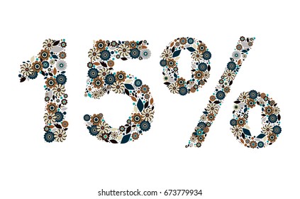 15% vector percentage number, consisting from flowers, leaves and dots on white background. Flat style elements. Perfect for sales, discount, retails. Trendy colors