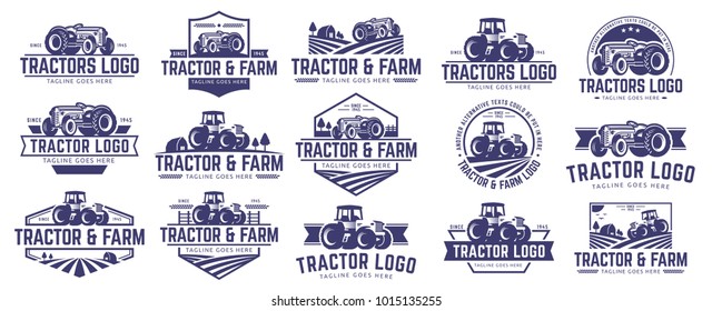 15 vector set of Tractor logo or farm logo template collection, suitable for any business related to farm industries. Simple and retro look.