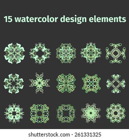 15 watercolor design vector elements. Ethnic ornament. Hand drawn texture. Background for save the date cards, web pages, invitations.