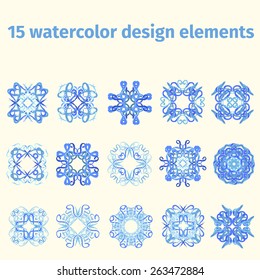15 watercolor design vector elements. Ethnic ornament. Hand drawn texture. Background for save the date cards, web pages, invitations.