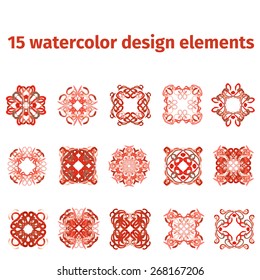 15 watercolor design vector elements. Ethnic ornament. Hand drawn texture. Background for save the date cards, web pages, invitations.
