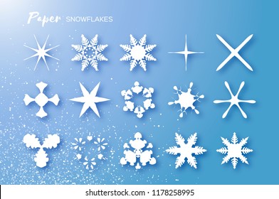 15 White Paper cut snowflakes. Origami Winter Decoration elements. Seasonal holidays. Snowfall. Merry Christmas and Happy New Year Greetings card. Blue.