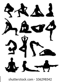 15 women involved in yoga shadows on a white background