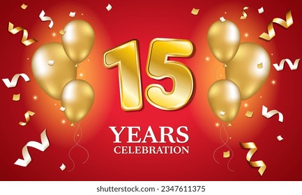 15 year anniversary. Banner for the celebration. Number 15 in gold color on red background with 