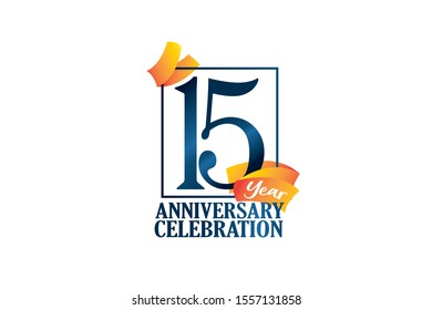 15 Year Anniversary Blue Color with Block Frame and Orange-Yellow Ribbon, Classic Style For Invitation, banner, ads, greeting card - Vector