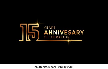 15 Year Anniversary Celebration Logotype with Golden Colored Font Numbers Made of One Connected Line for Celebration Event, Wedding, Greeting card, and Invitation Isolated on Dark Background