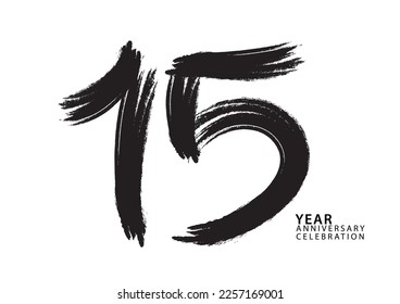 15 year anniversary celebration logotype black paintbrush vector, 15 number design, 15th Birthday invitation, anniversary template, logo number design vector, calligraphy font, typography logo