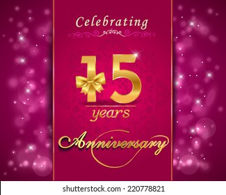 15 year anniversary celebration sparkle design, 15th anniversary decorative bow ribbon, vibrant background, invitation card - vector eps10