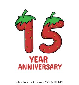 15 year anniversary celebration strawberry character vector template design illustration