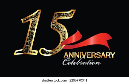 15 Year Anniversary celebration Vector Design with red ribbon and glitter. 15th Anniversary celebration. Gold Luxury Banner of 15th Anniversary. fifteenth celebration card. Vector anniversary
