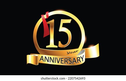 15 Year Anniversary celebration Vector Design with ring and red ribbon. 15th Anniversary celebration. Gold Luxury Banner of 15th Anniversary celebration. fifteenth celebration card. Vector anniversary