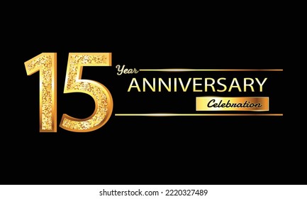 15 Year Anniversary celebration Vector Design. 15th Anniversary celebration. Gold Luxury Banner of 15th Anniversary celebration with glitter 3D. Vector anniversary