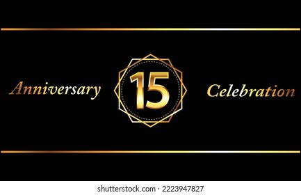 15 Year Anniversary celebration Vector Design with gold hexagonal shape. 15 Anniversary celebration. Gold Luxury Banner of 15th Anniversary celebration.
