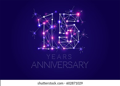 15 year Anniversary design. Abstract form with connected lines and light dots. Vector Illustration