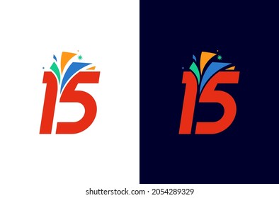 15 year anniversary firework logo design. Number celebration with colorful spark. Simple icon for carnival or festival