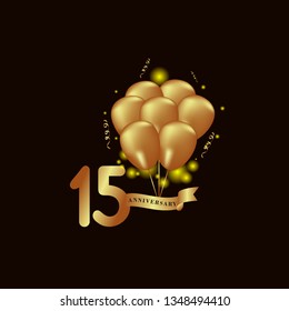 15 Year Anniversary Gold Balloon Vector Template Design Illustration