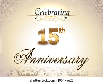 15 year anniversary golden label, 15th anniversary decorative golden emblem - vector illustration 