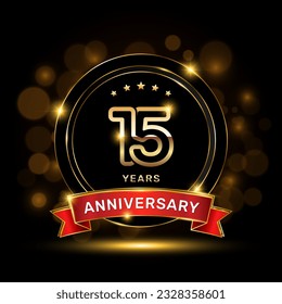 15 year anniversary logo with a gold emblem shape and red ribbon, logo template vector