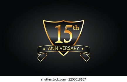 15 year anniversary logo with golden shield and ribbon. Dark concept anniversary. 15th Anniversary celebration background. fifteenth anniversary banner vector