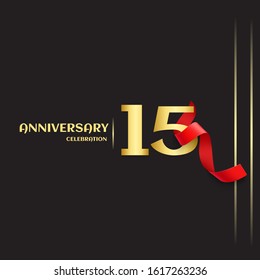 15 year anniversary logo template on black background. golden numbers with red ribbon vector
