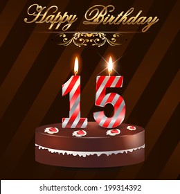 15 year Happy Birthday Card with cake and candles, 15th birthday - vector EPS10