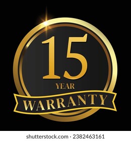 15 year warranty logo with golden shield and golden ribbon.Vector illustration.