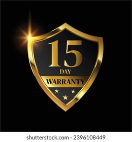 15 year warranty logo with golden shield and golden ribbon.Vector illustration.