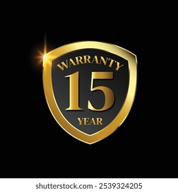 15 year warranty logo with golden shield.Vector illustration.