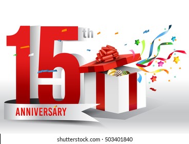 15 years anniversary background with ribbon, confetti and gift on white. Poster or brochure template. Vector illustration.