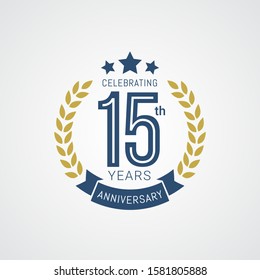 15 Years Anniversary badge with gold and dark blue color style Vector Illustration