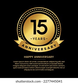 15 years anniversary banner with luxurious golden circles and halftone on a black background and replaceable text speech