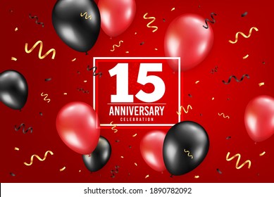 15 years anniversary. Anniversary birthday balloon confetti background. Fifteen years celebrating icon. Celebrate red banner. Birthday party balloon background. Age in a frame box. Vector